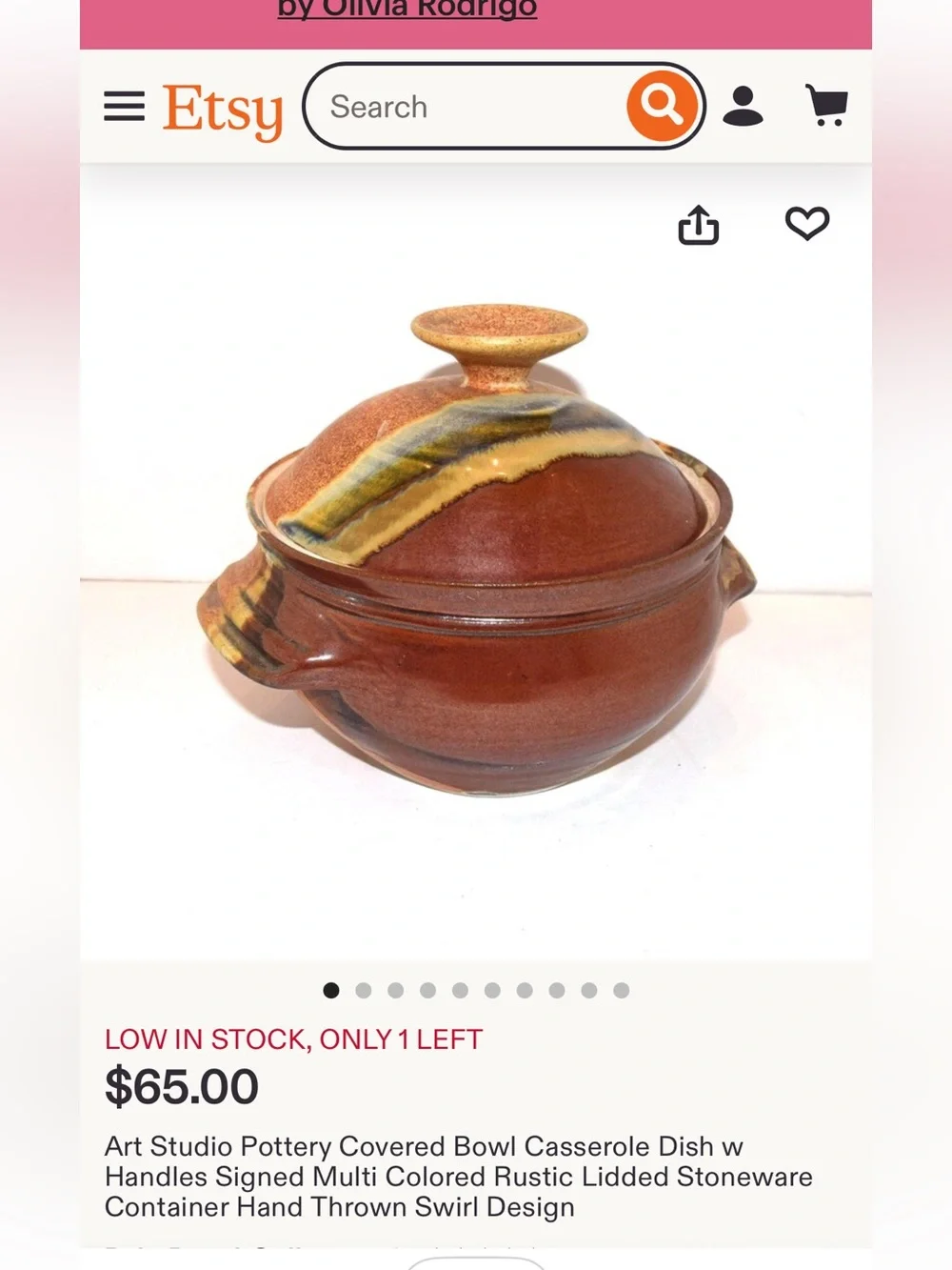 Studio Artist Hand Crafted 10” wide casserole dish with lid.